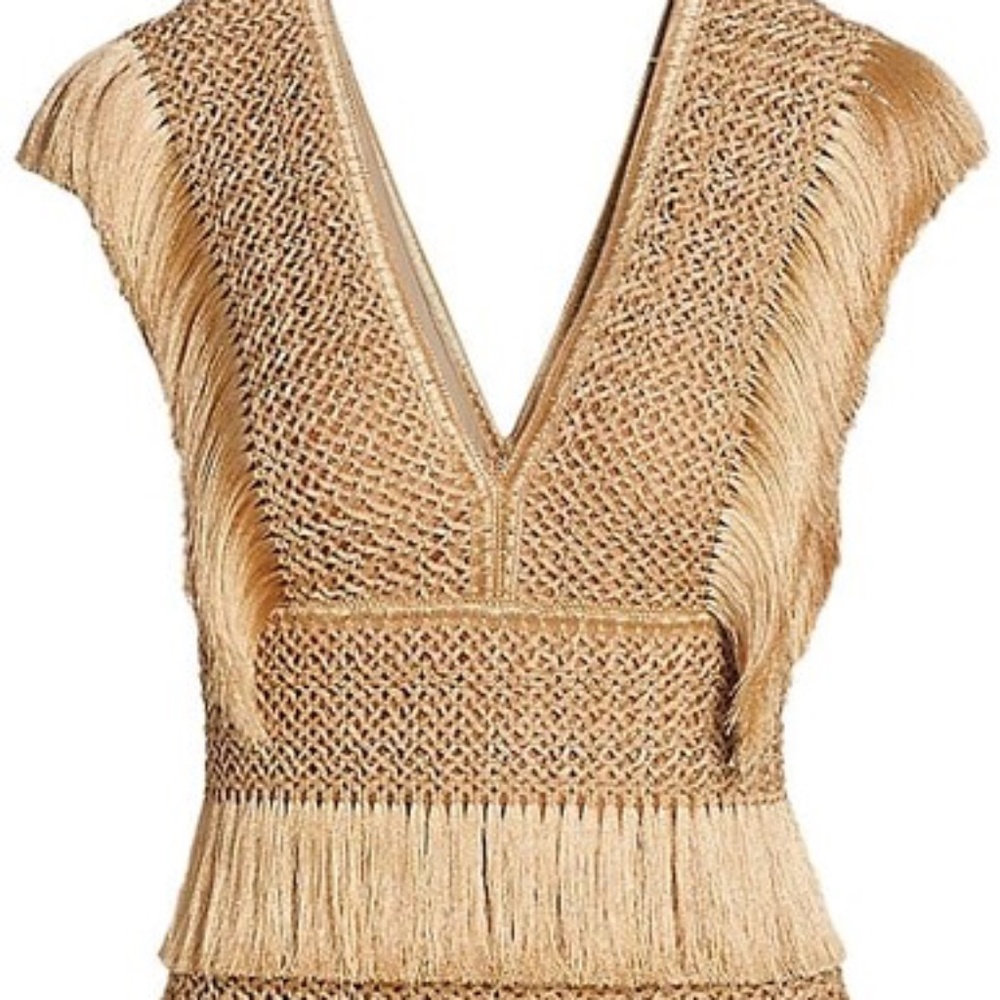 New PatBo Fringe Crochet V-Neck Gold Midi Dress Size 6 (See Description)
